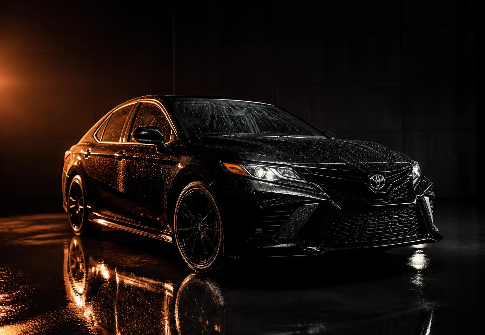 Freshly detailed black sedan glossy under warm studio light